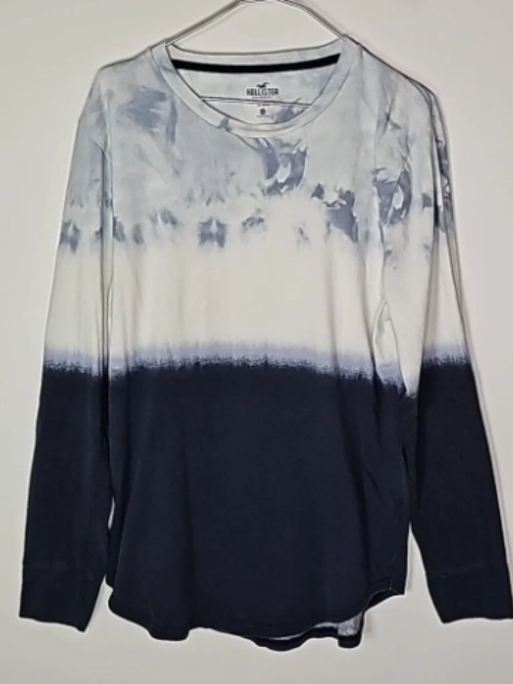 Hollister medium blue and white curved hem long sleeve shirt